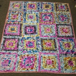 Handmade Patchwork Floral Log Cabin Quilt - Pink Accents